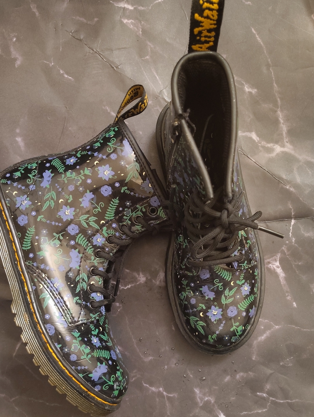 Black Patent Floral Lace-Up Boots with Purple Flowers